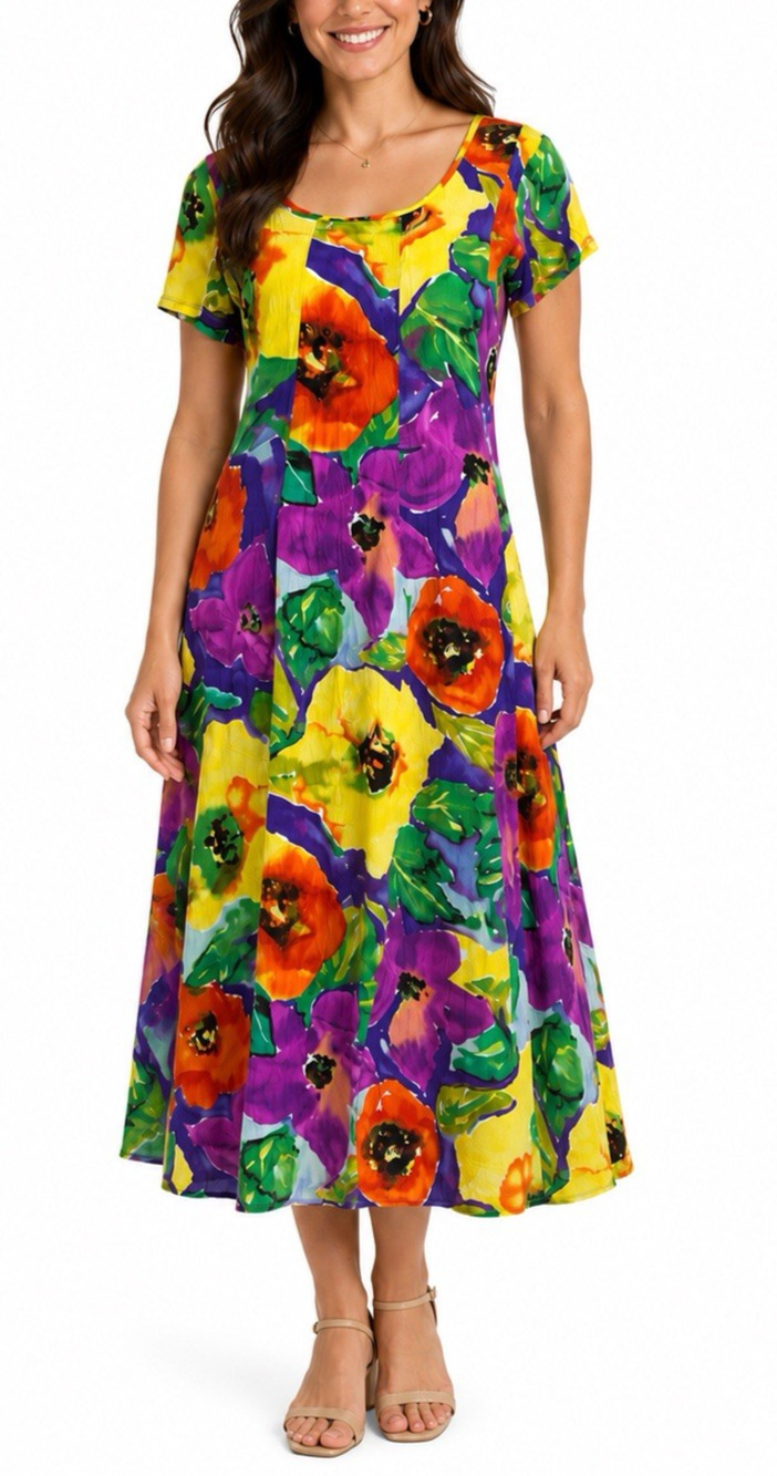 Jams World Midi Dress Poppy Floral Short Sleeve Round Neck Back Tie Multi W366 M